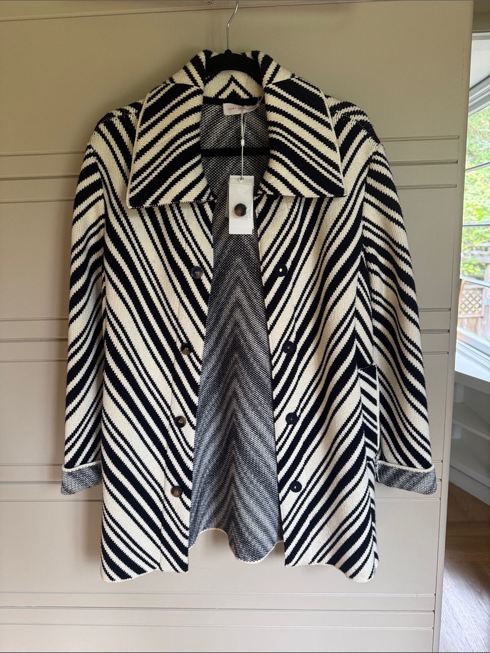 Tory Burch Black and White Striped Sweater Coat
